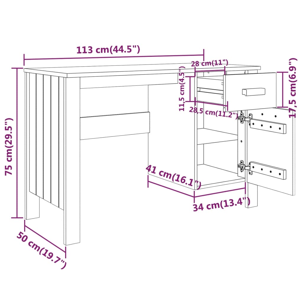 Bureau Hamar 113X50X75 Cm Massief Grenenhout